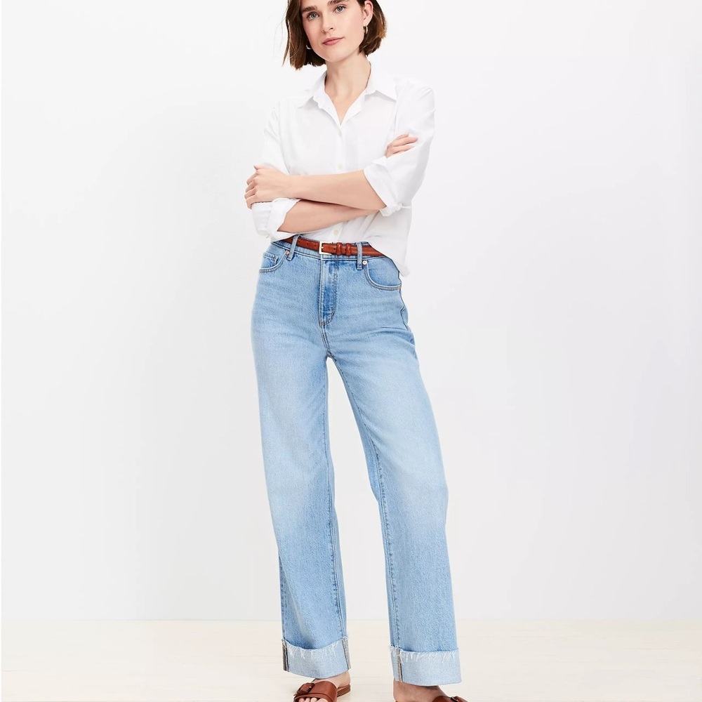 NWT Loft Flip Cuff High Rise Wide Leg Jeans in Light Wash Size 30 10